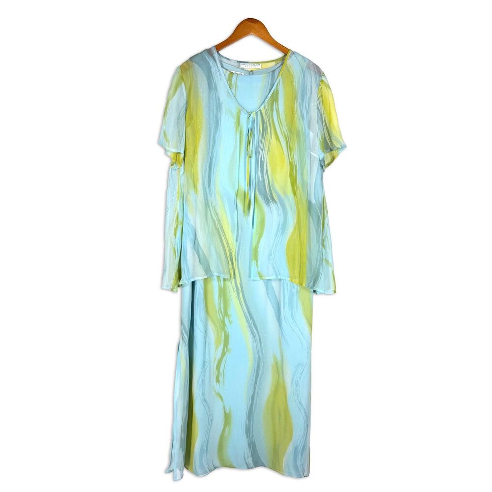 Maggy London Silk Dress Set Size 14 Blue Green Watercolor Midi Y2K Pastel